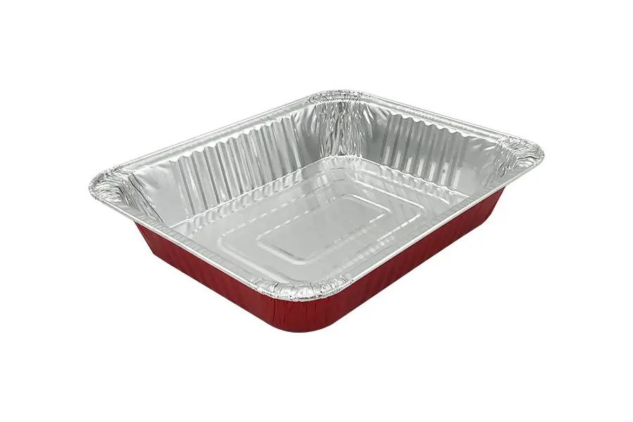 [AF011] 455mm x 340mm x 75mm Rectangular Foil Tray Red Base Pk1