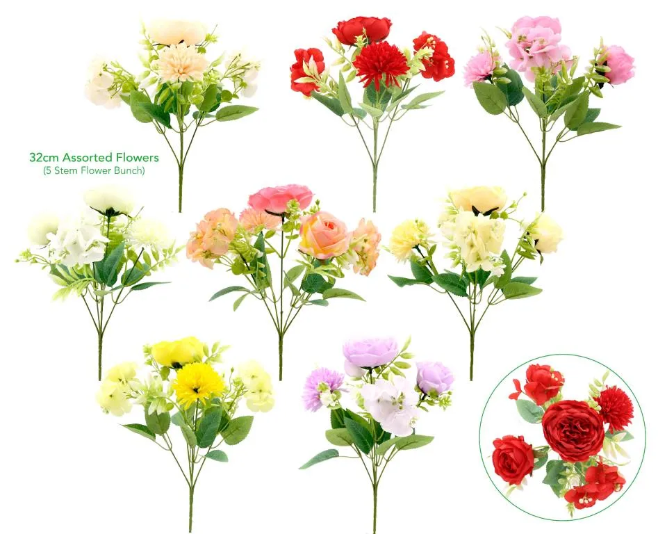 [DUR7878] Decorative Artificial Flowers - 5 Stem 32CM Hydrangea/Peony/Rose & Allium Mixed Bunch