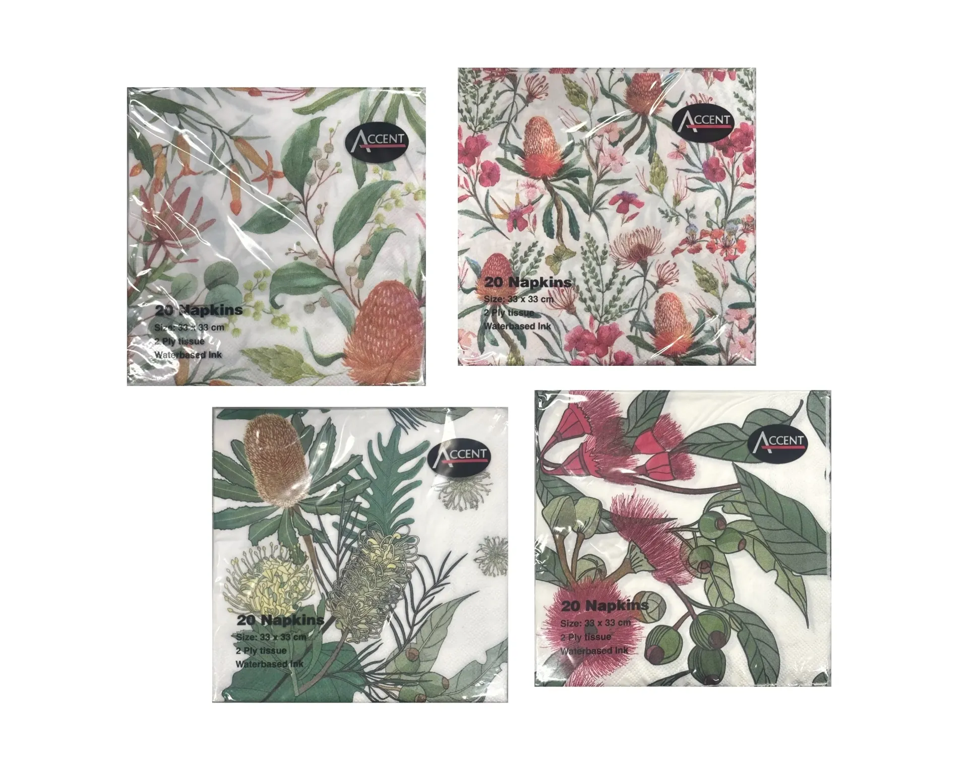 AUSTRALIAN NATIVE NAPKIN 2PLY 33X33CM 4 ASST