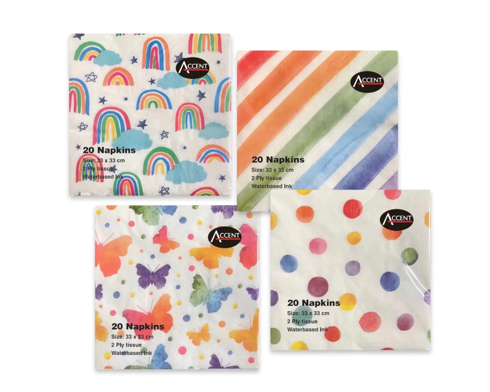 RAINBOW NAPKINS PK20 2PLY 33x33cm 4 ASST COLS