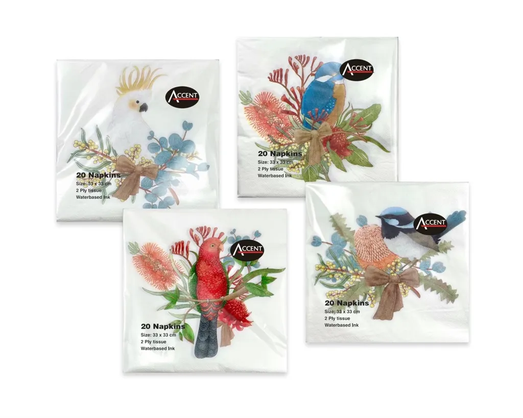 NATIVE BIRD NAPKINS PK20 2PLY 33x33cm 4 ASST COLS