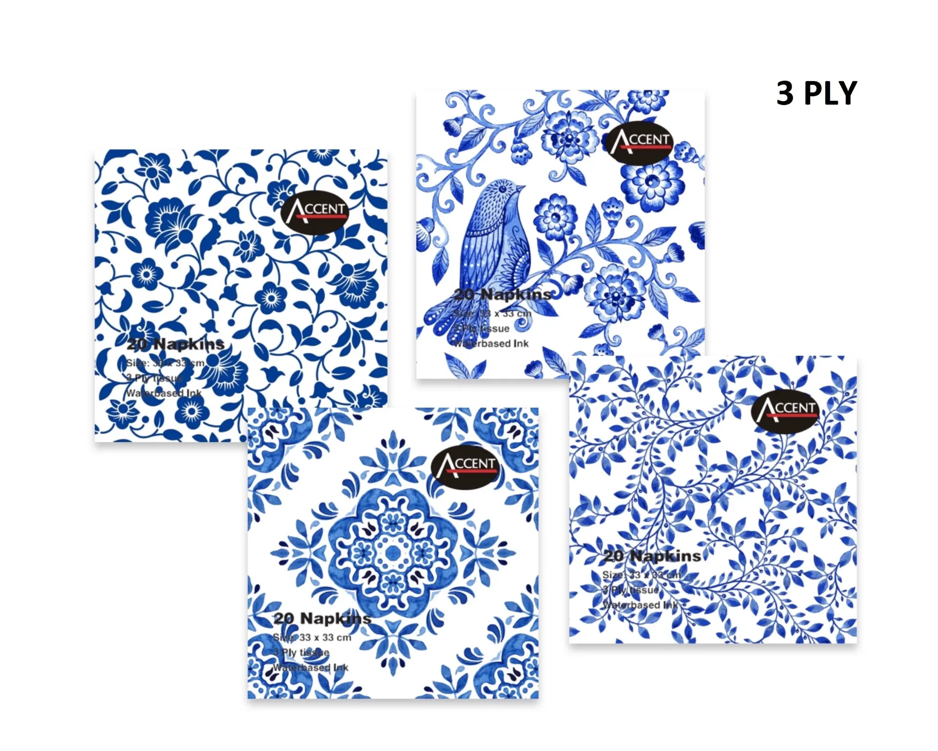 3PLY NAPKIN ALL ABOUT BLUE PK20  33x33cm 4 ASST COLS