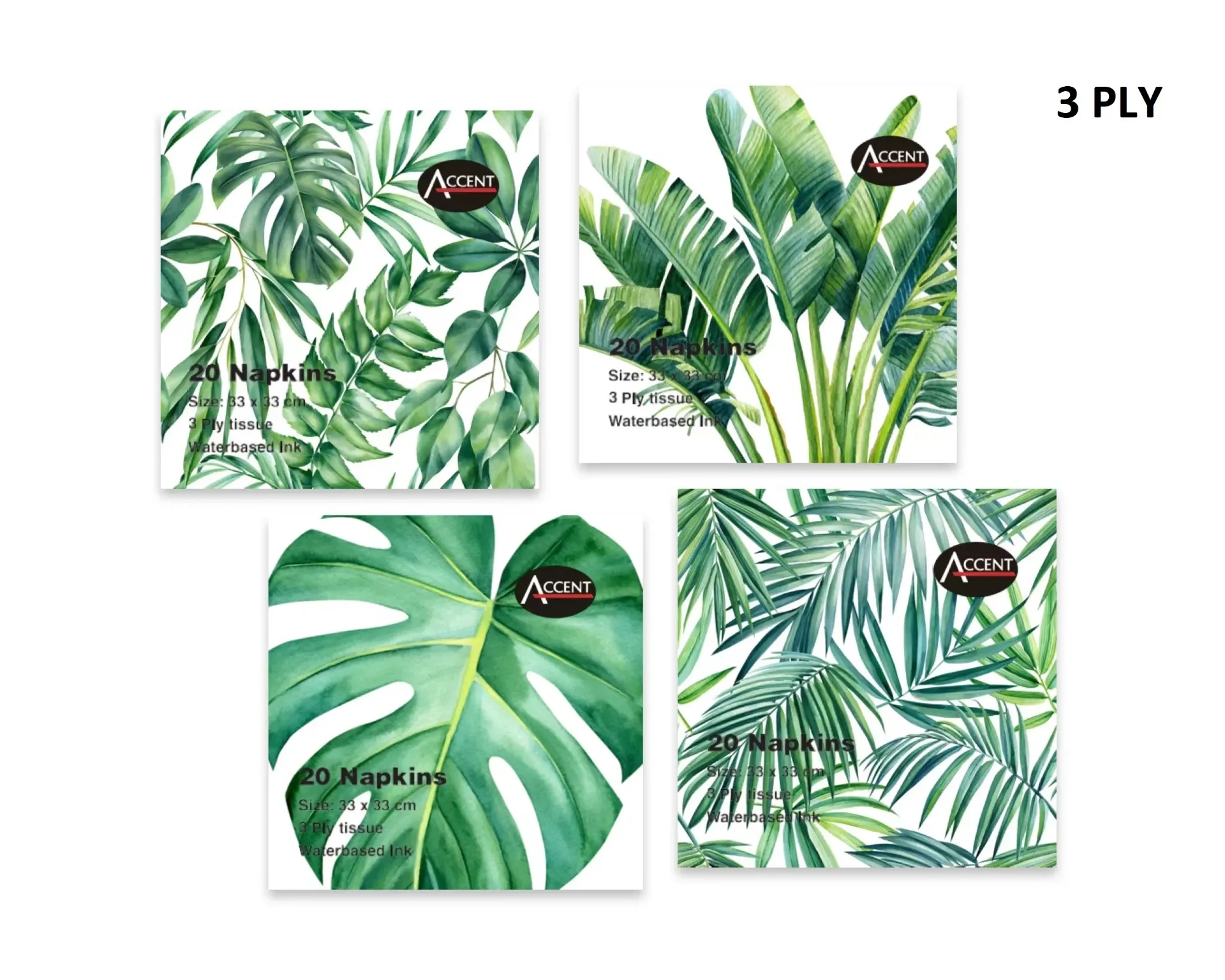 TROPICAL LEAVES NAPKIN PK20 3PLY  33x33cm 4 ASST COLS