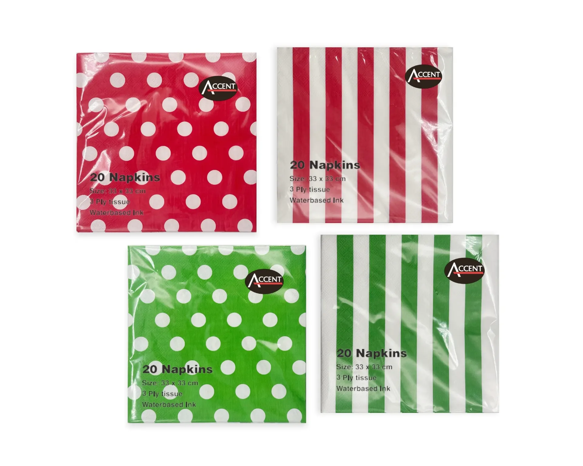 RED AND GREEN DOTS STRIPES NAPKIN 2PLY PK20