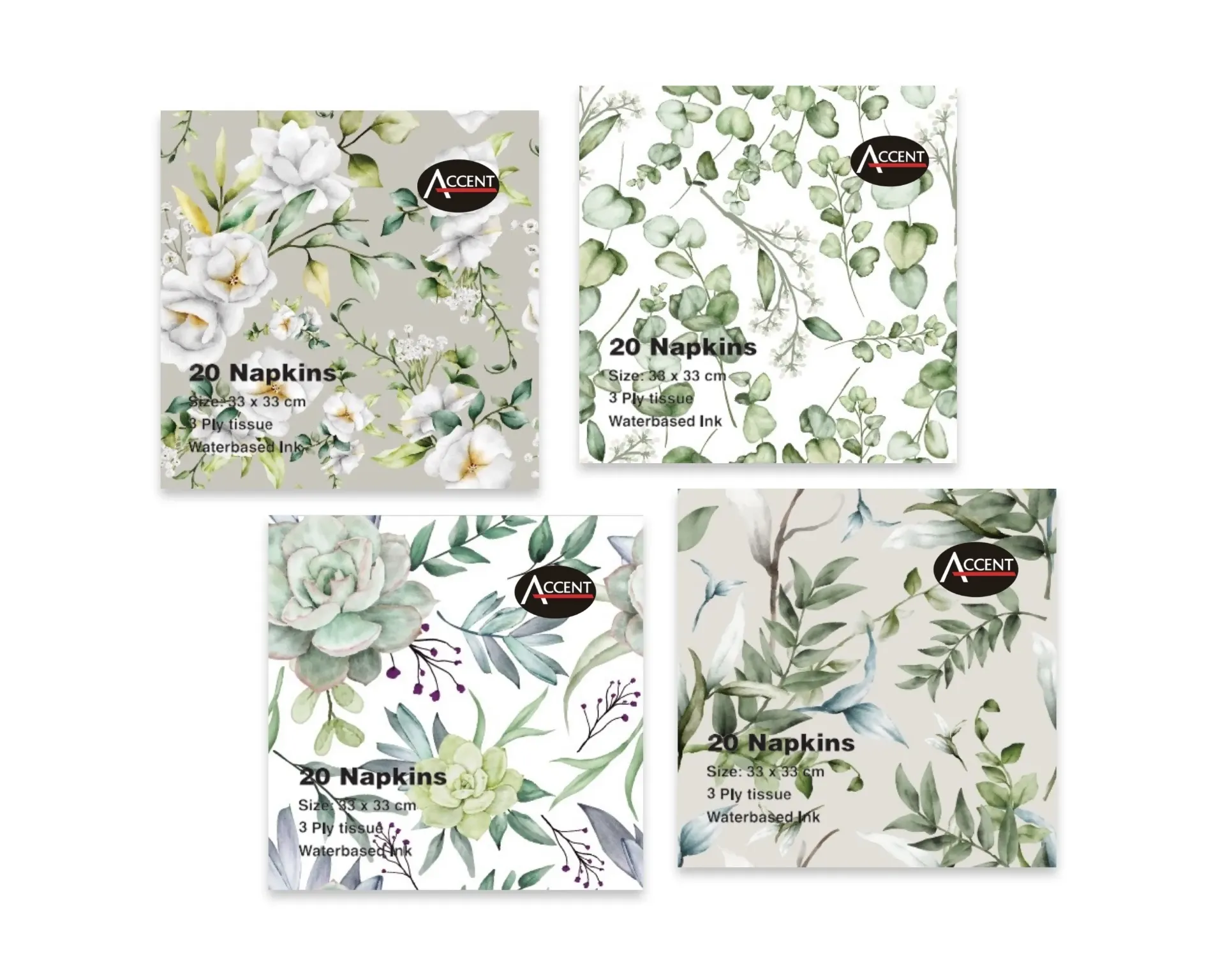 EUCALYPTUS PATTERN NAPKIN 3PLY PK20 33X33CM 4 ASST