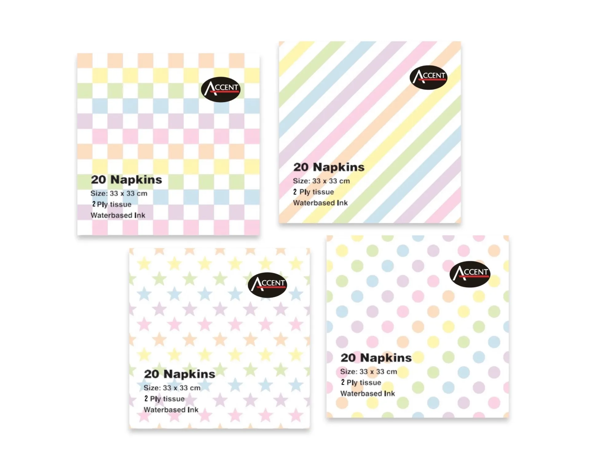 DOTS STARS GINGHAM DIAGONAL STRIPES NAPKIN 2PLY 33X33CM 4/S