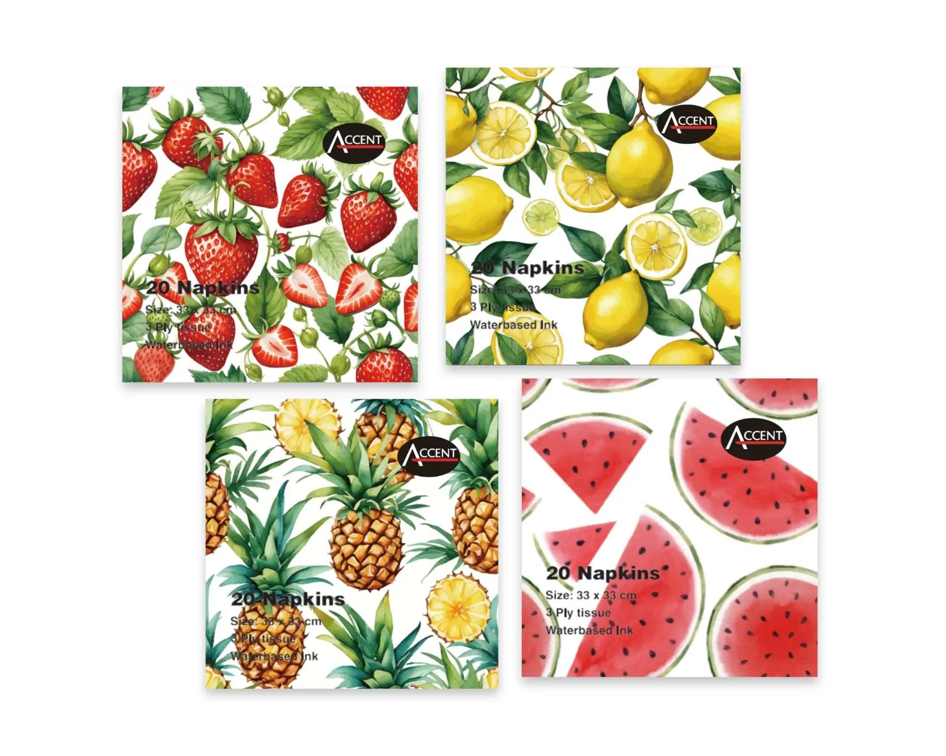 FRUIT PRINT NAPKINS PK20 2PLY 33x33cm 4 ASST COLS