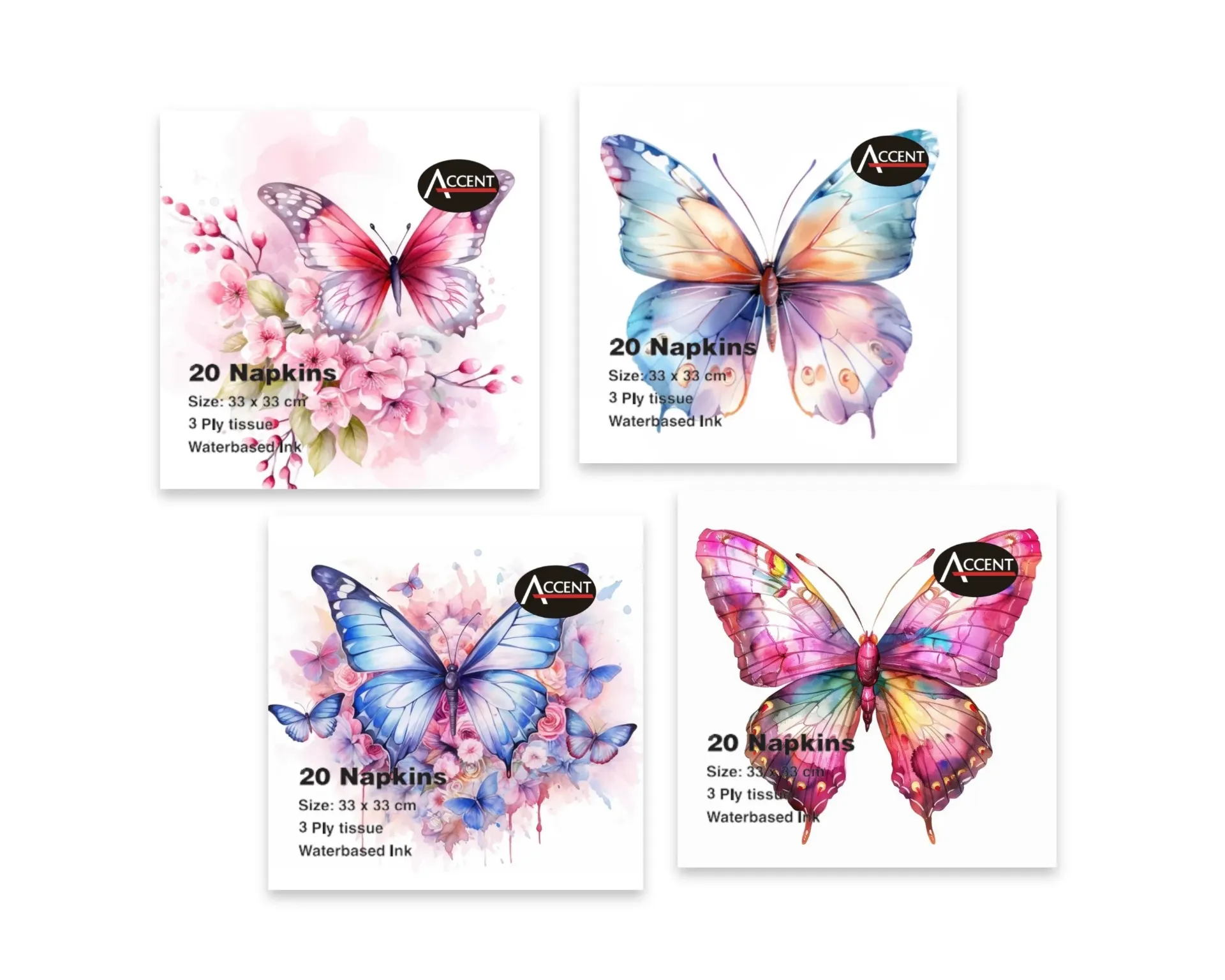 BUTTERFLY EMPORIUM NAPKINS PK20 2PLY 33x33cm 4 ASST