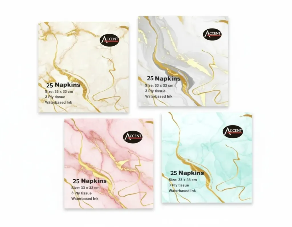 3 PLY PK25 FOILED MARBLE NAPKIN 4 ASST COLS