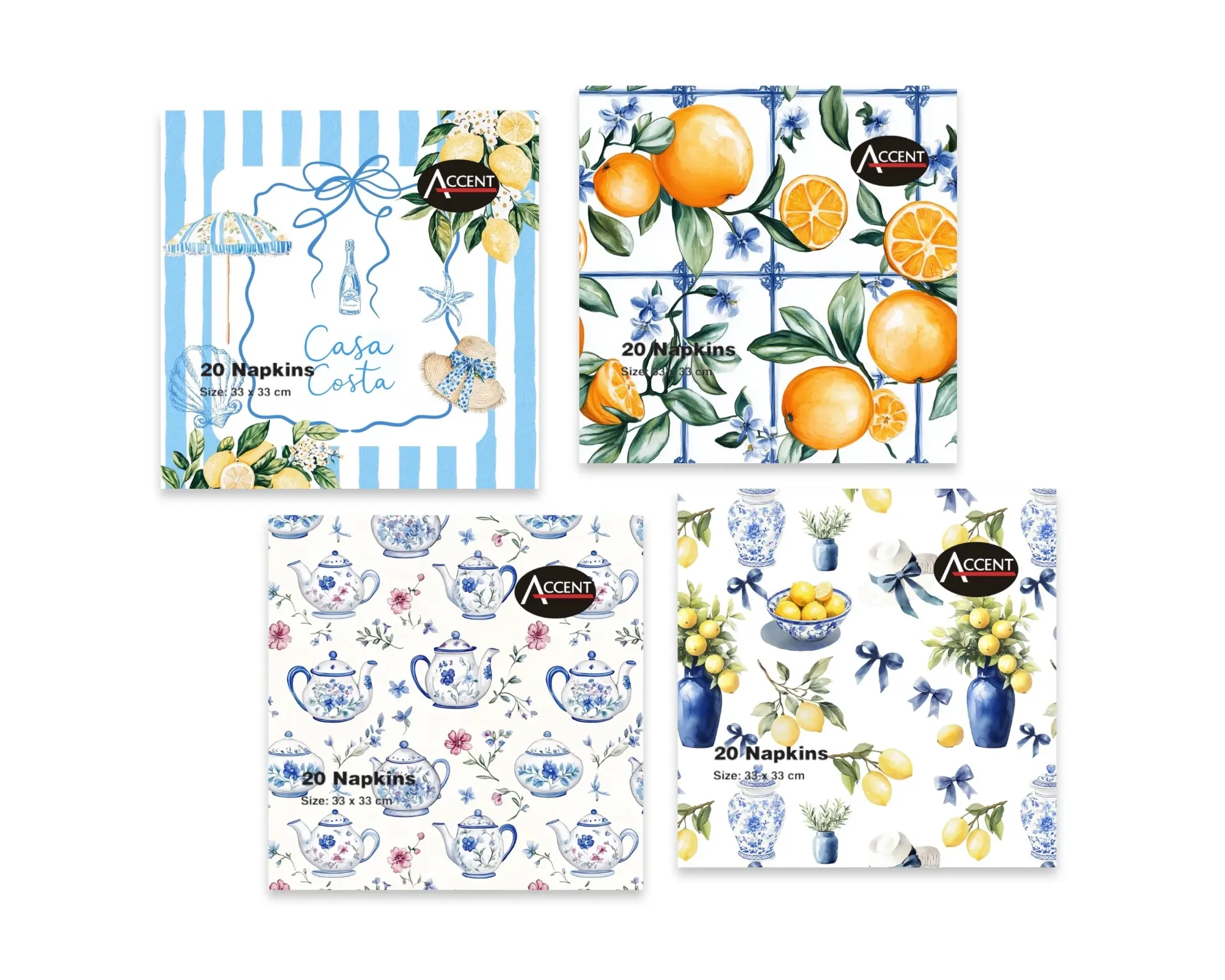 CASA COSTA  NAPKINS PK20 2PLY 33x33cm 4 ASST